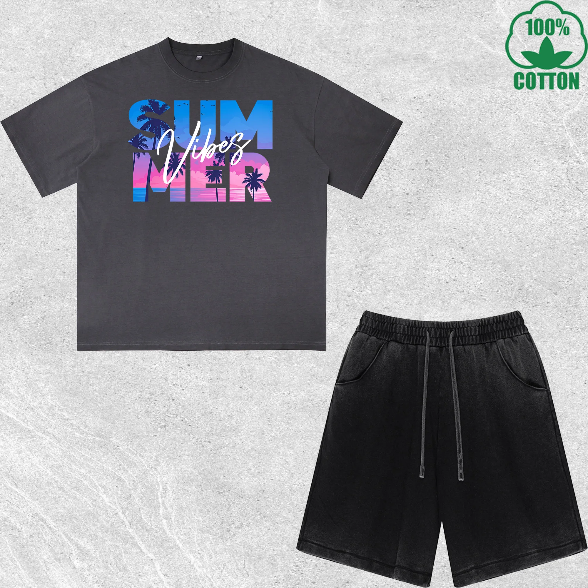 

Summer Vibes Printed Dirty Wash T-Shirt Shorts Set Multicolor Combo Loose Trendy Fashionable 100%Cotton