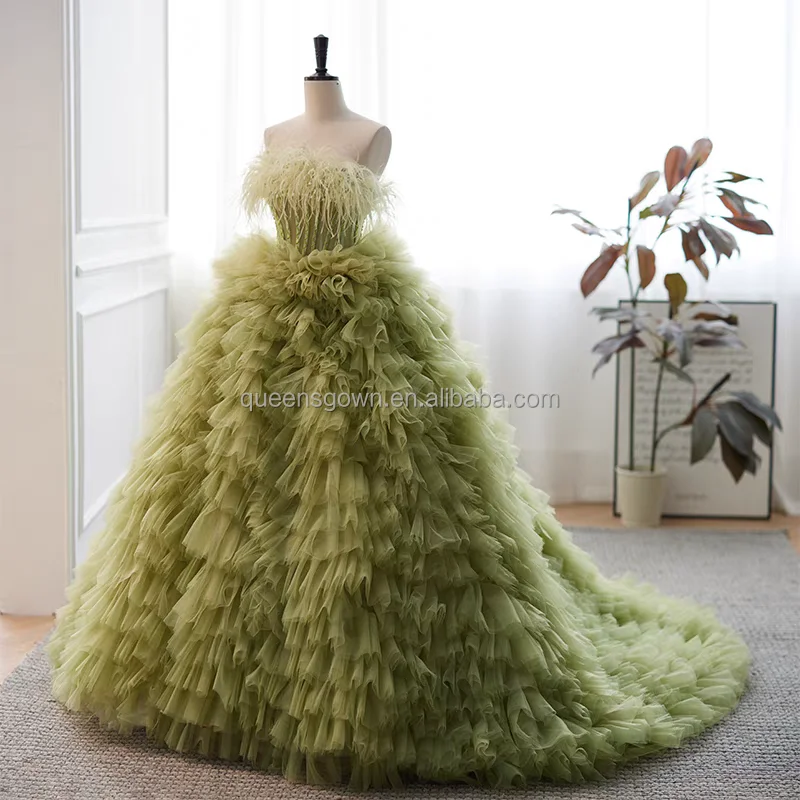 green puffy soft tulle party dress off shoulder elegant prom dress fancy ruffles bubble evening gown