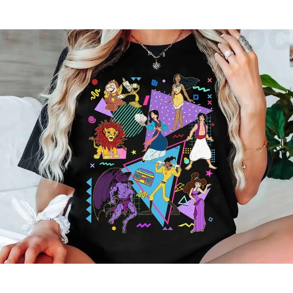 Camiseta Retro de los años 90 con personajes de Disney, camiseta de Powerline Aladdin Megara Mulan Pocahontas, Camiseta de algodón para hombres y mujeres del mundo de Disney