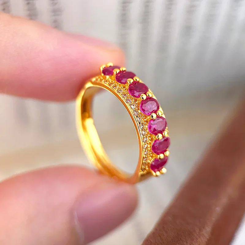 

Luxury 24K 9999 Pure Gold real gold Red Moissanite Rai Diamond Ring Women's Light Luxury Ring