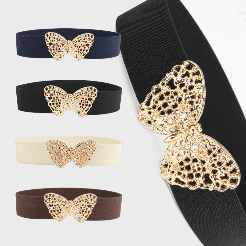 Butterfly Buckle Stretch Belt  Luxury Adjustable Jeans Dress Waistband Elastic Waist Band Women Fashion Wide Hollow Shiny Belts