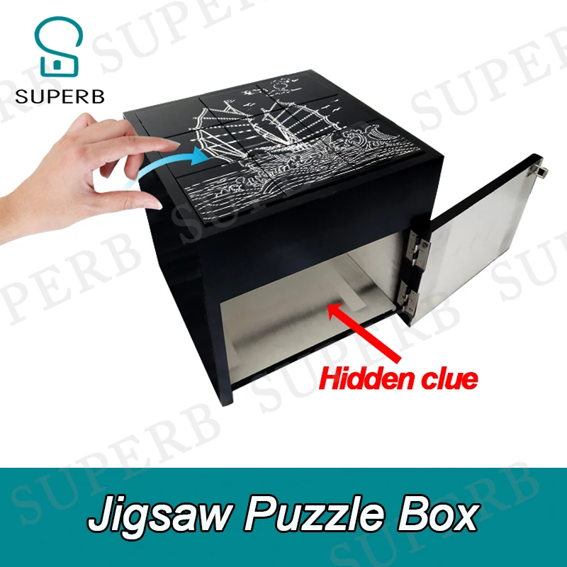 Superb escape room props game jigsaw puzzle box put the nine pieces wooden pieces on the box in correct way to release the lock