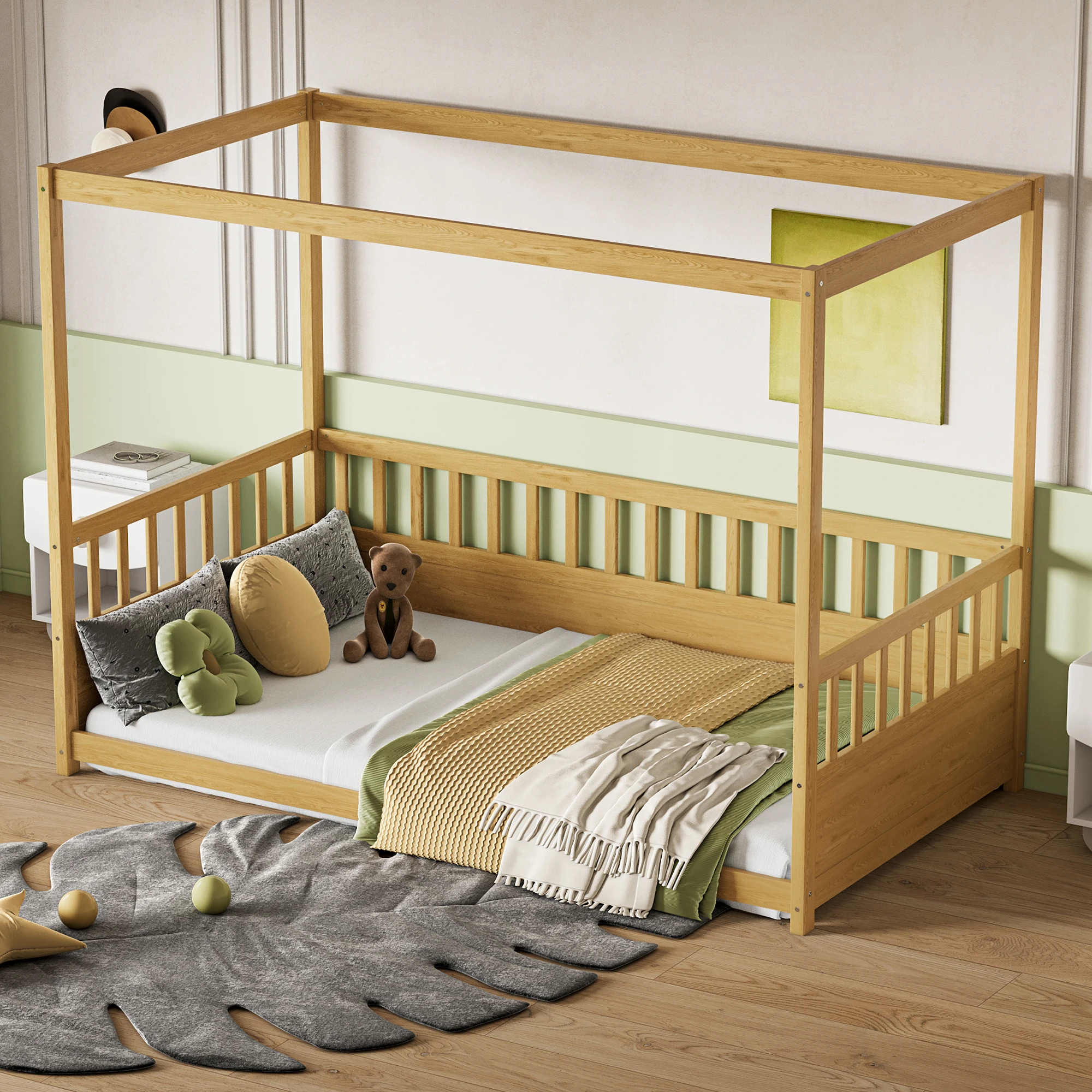 Twin Size Canopy Bed Frame with Guardrails for Kids,Floor Bed Twin with Four Poster Design,Kids Montessori Floor Bed,Wood Canopy