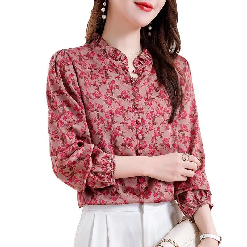 Simplicity Summer New Women's Round Neck Printing Button Edible Tree Fungus Temperament Loose Long Sleeve Chiffon Shirt Tops