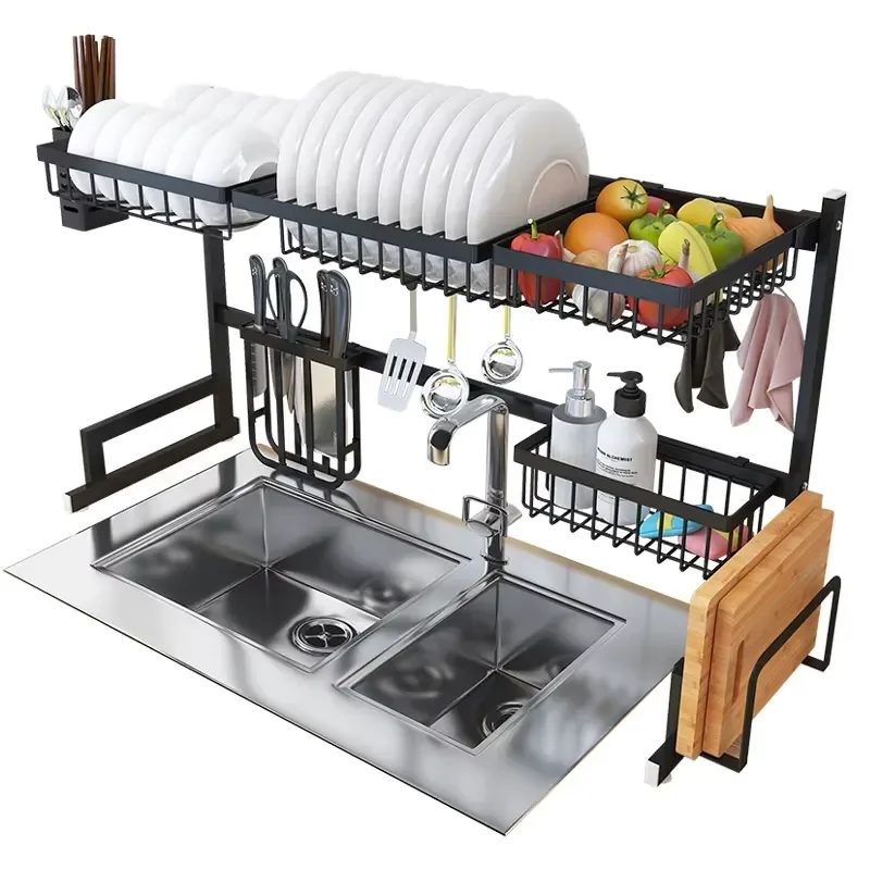 Newly Designed Multifunctional 2 Layer Stainless Steel Kitchen Plate Drying Rack On Sink Drain Rack
