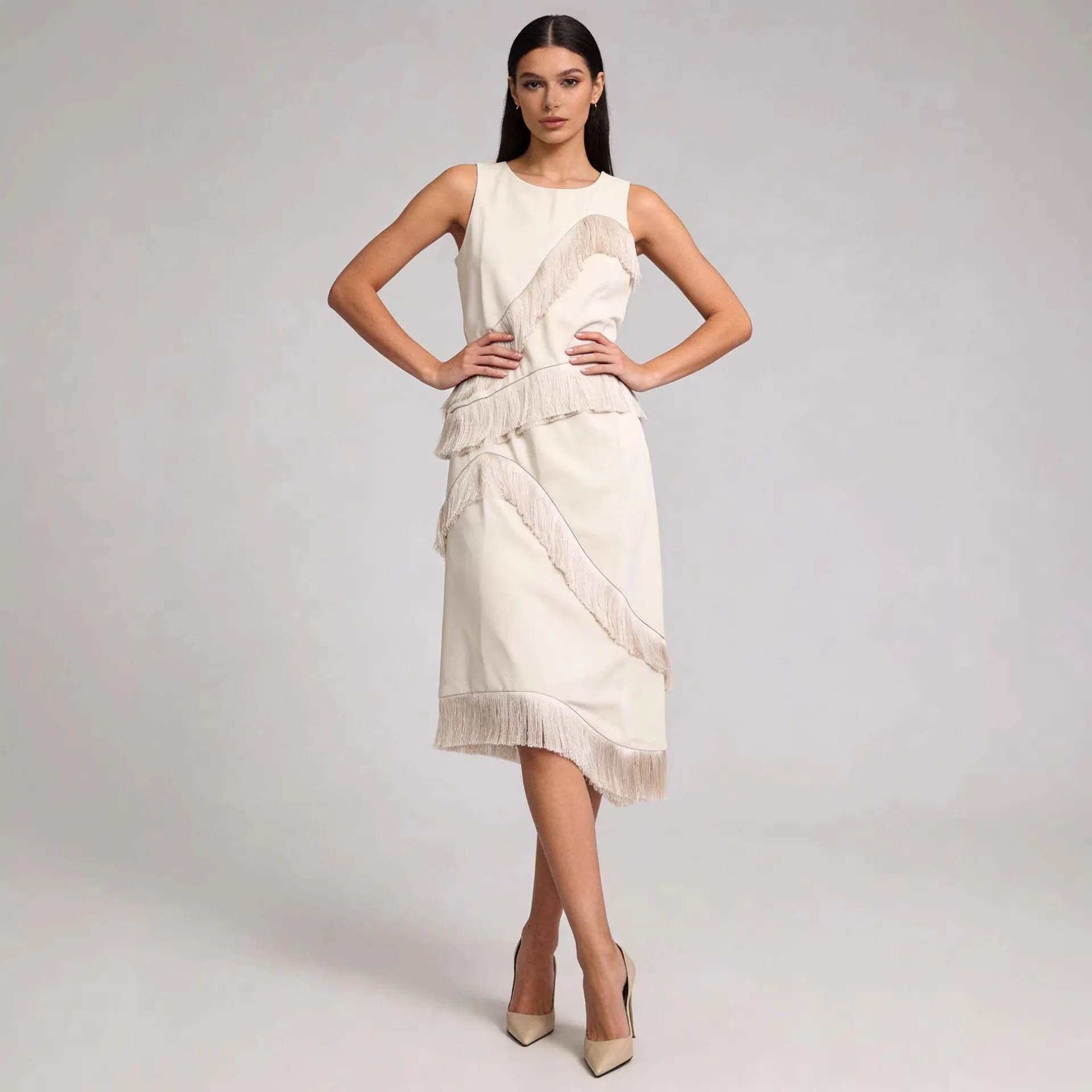 

2026 Spring New High Grade Fashion Temperament Sleeveless Tassel Set Dress Slim Fit Slimming Patchwork Two Piece Set