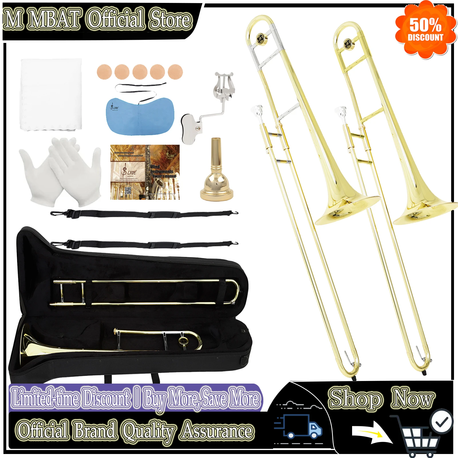 Trombón Alto en Sib M MBAT, Trombón de Latón Importado con Acabado Lacado, con Estuche, Guantes e Instrucciones para Principiantes, Kit de Trombón para Estudiantes