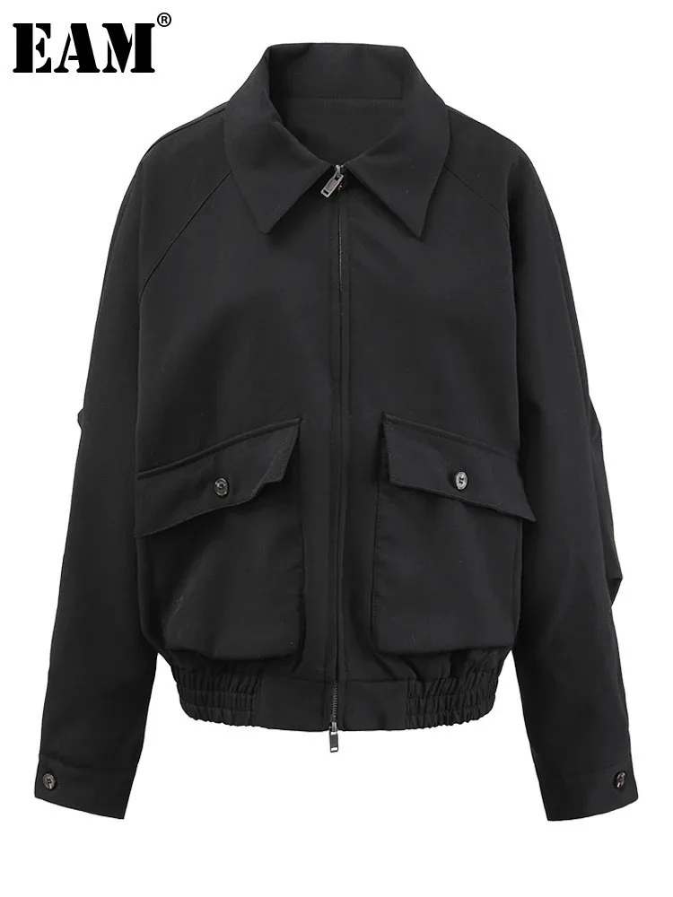 

[EAM] Black Double Zipper Big Size Casual Jacket New Lapel Long Sleeve Women Coat Fashion Tide Spring Autumn 2024 CPG1417