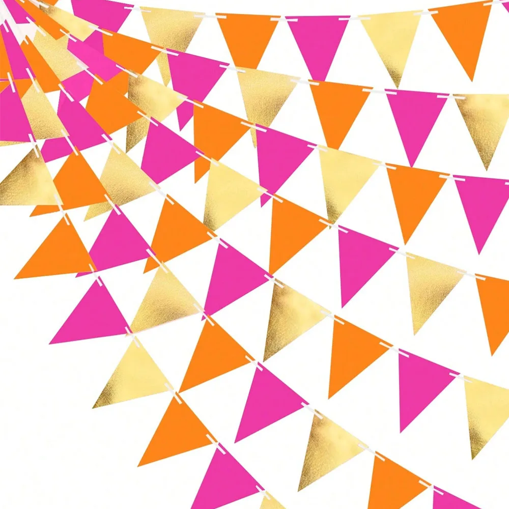 Fitas de Papel em Cores Rosa, Laranja e Dourado. Guirlanda de bandeirinhas triangulares, perfeita para festas, casamentos, aniversários, chás de panela, uso interno.