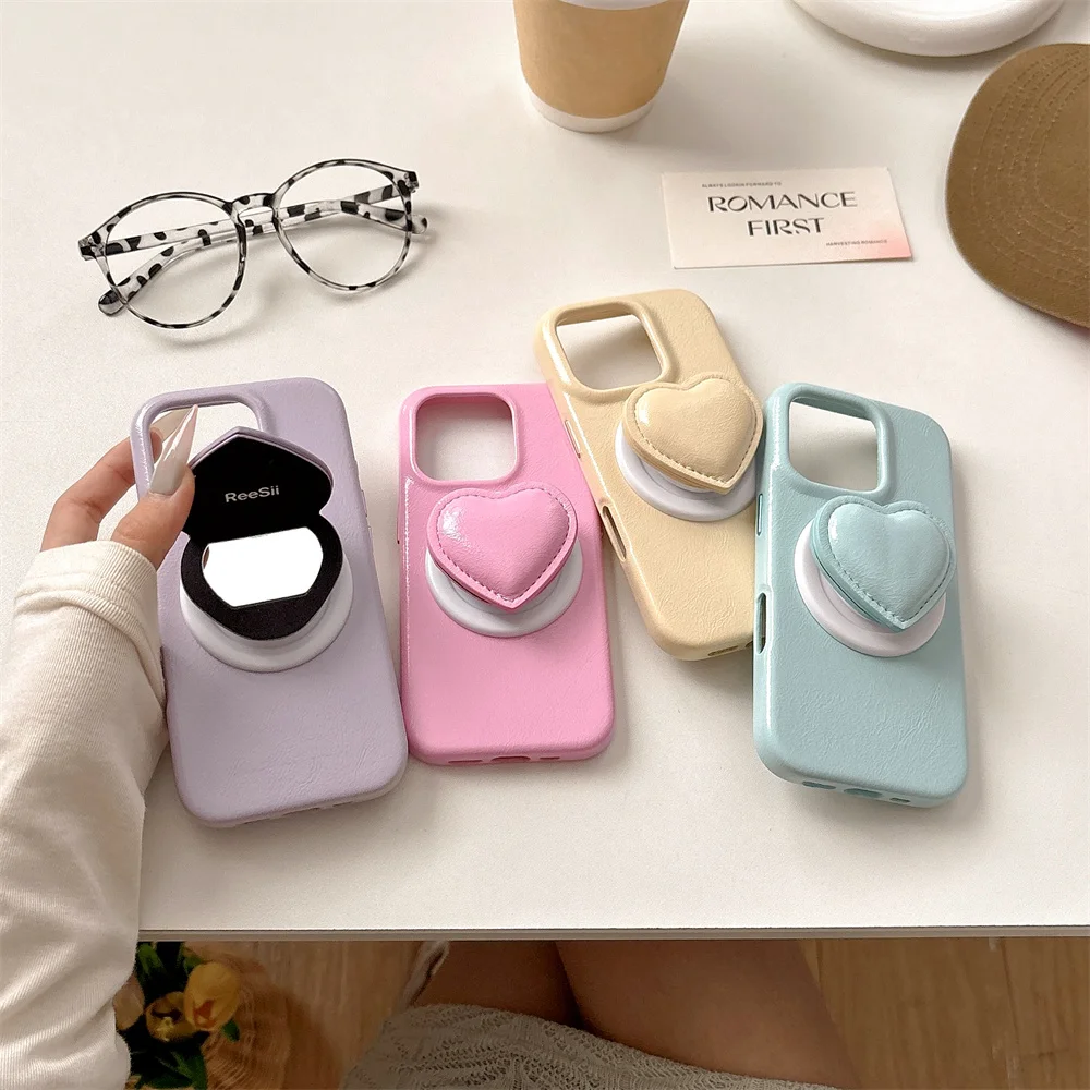 

Korean 3D Love heart Mirror Magnetic Bracket Phone Case iPhone16 15 14 13 Pro Max Luxury Leather Wireless Charging Magsafe Cover