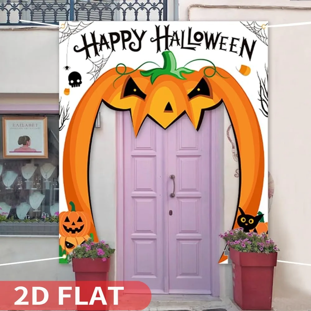 1 Stück 2D FLACHE Kürbis-Design-Türbanner, ideal für Halloween-Party, hängende Türdekoration – großes Stoffschild zum Aufhängen
