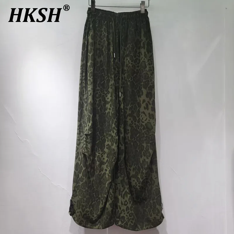 

HKSH Spring Summer New Women Tide Ins Streetwear Vintage Punk Casual Leopard Printed Elastic Waisted Chic Wide Leg Pants HK5212