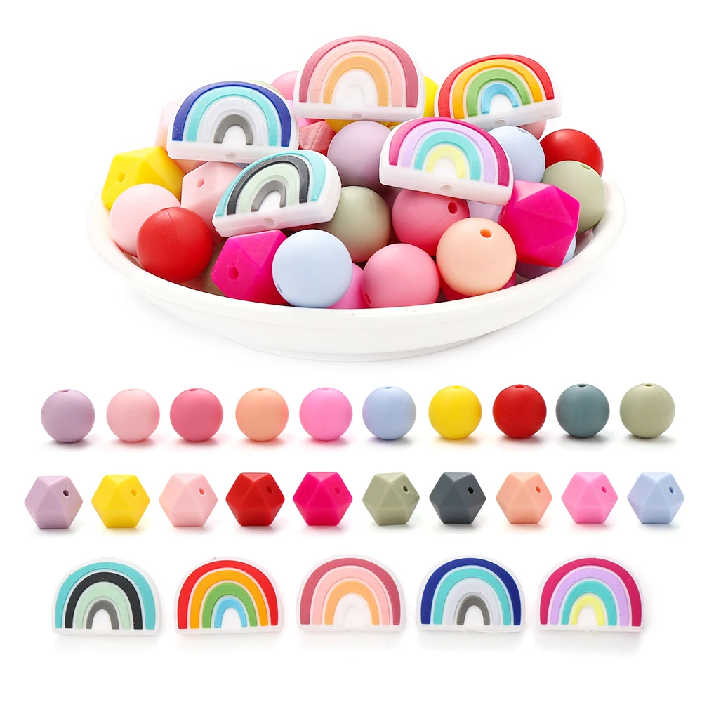 65Pcs 15mm Baby Round Silicone Teether Beads Rainbow Spacer Beads Set for Jewelry Necklace Keychain Making Diy Set Accessories