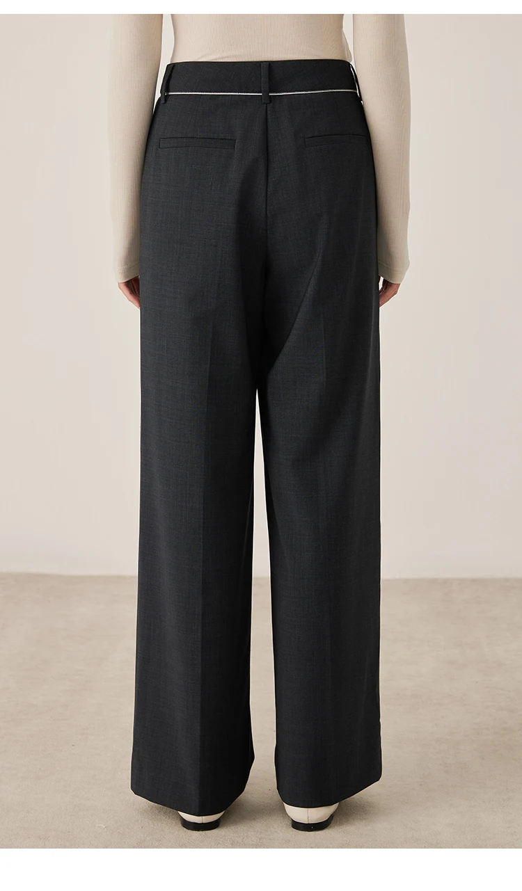 KL9523338 Hoch taillierte Hose aus Wollmischung mit weitem Bein für Damen, plissierte Vorderseite, Herbstmode, Damenbekleidung – Detail 12