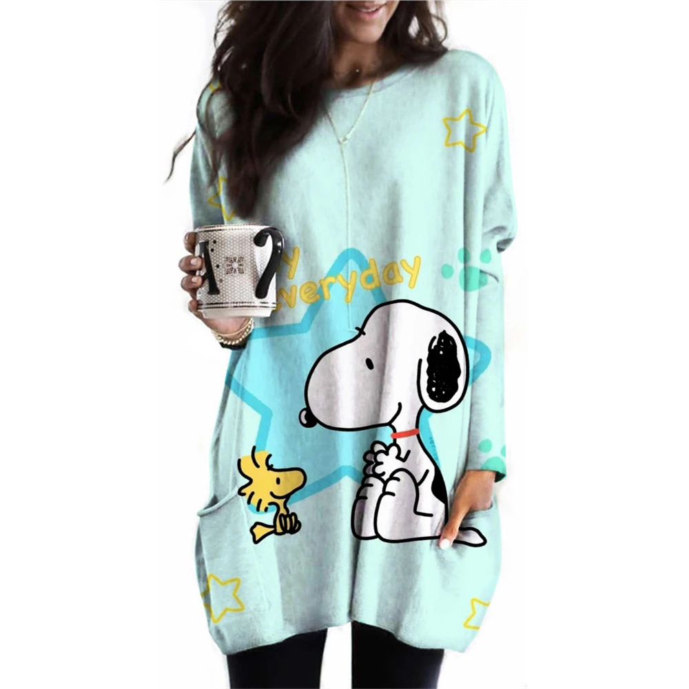 2024 Autumn Women's Fashion Women's Top Snoopy Printed Pocket T-shirt Loose Casual Round Neck Long Sleeve T-shirt