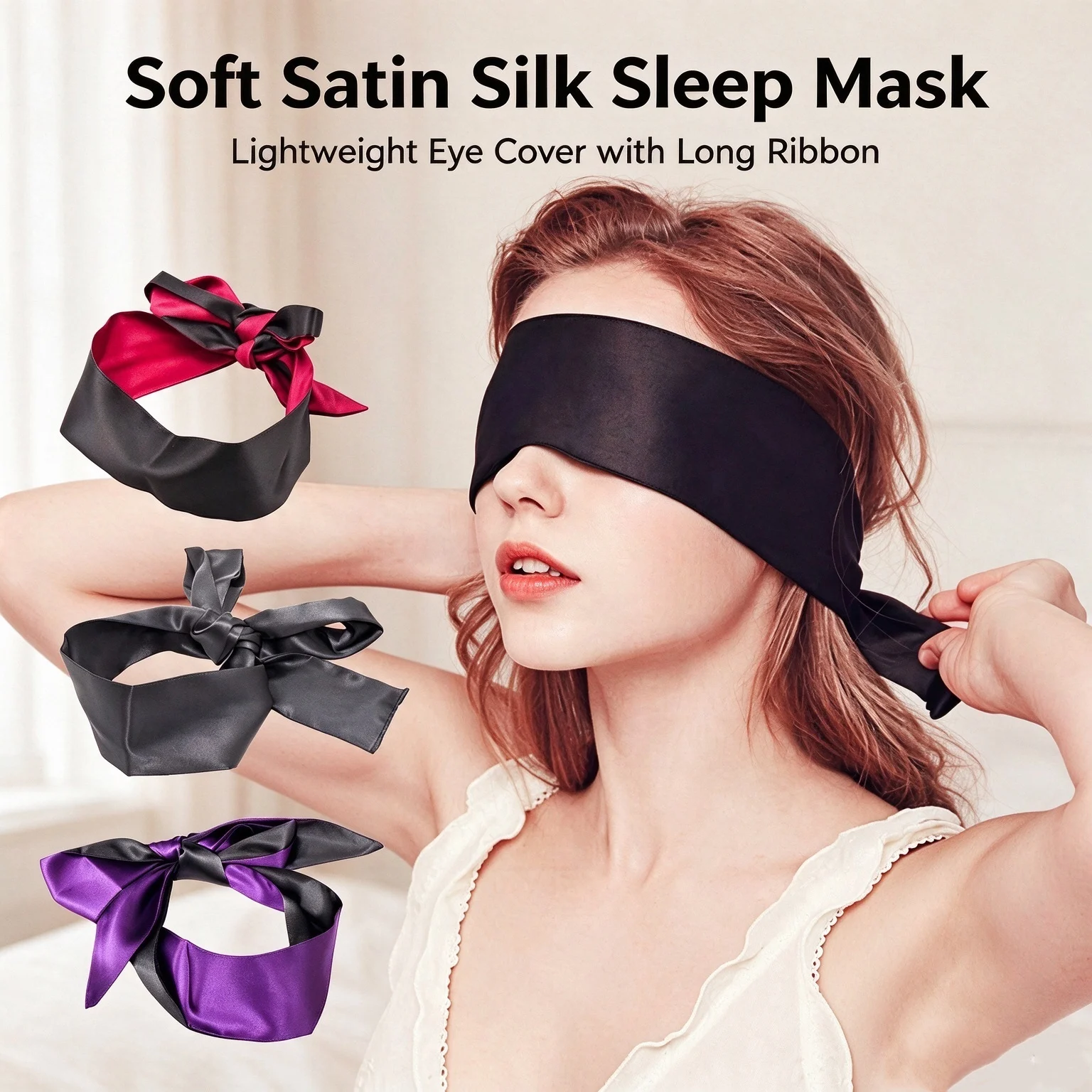 Silk Satin Sleep Mask Women Cute Blindfold Eye Cover Soft Smooth Eye Patche with 150cm Long Ribbon Light Blocking Sleep Aid Gift