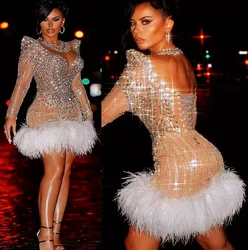 Luxury Heavy Beading Long Sleeves Short Prom Dresses Sexy Illusion V Neck Feathers Mini Party Gowns Arabic Vestidos De Festa