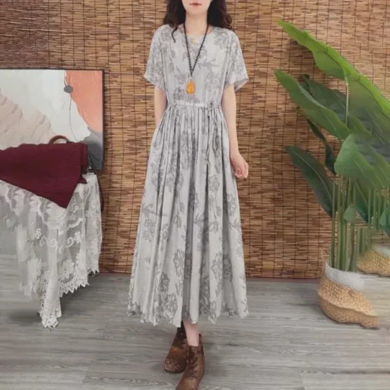 Robe Boho décontractée et ample pour femmes, imprimé Floral gris, manches courtes, Maxi, taille élastique