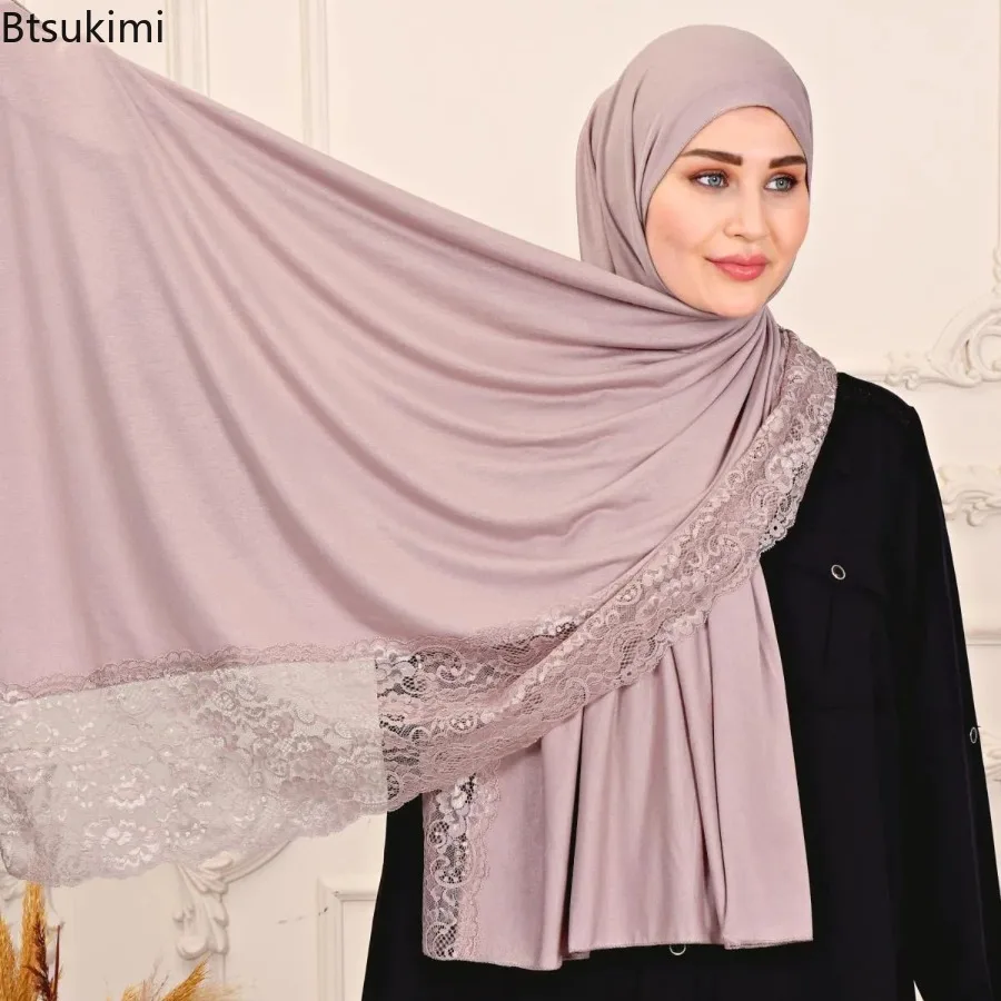 

Новый однотонный модальный кружевной платок, мусульманская мода, женский шарф-хиджаб, элегантные длинные шали, исламская повязка на голову для женщин, тюрбан