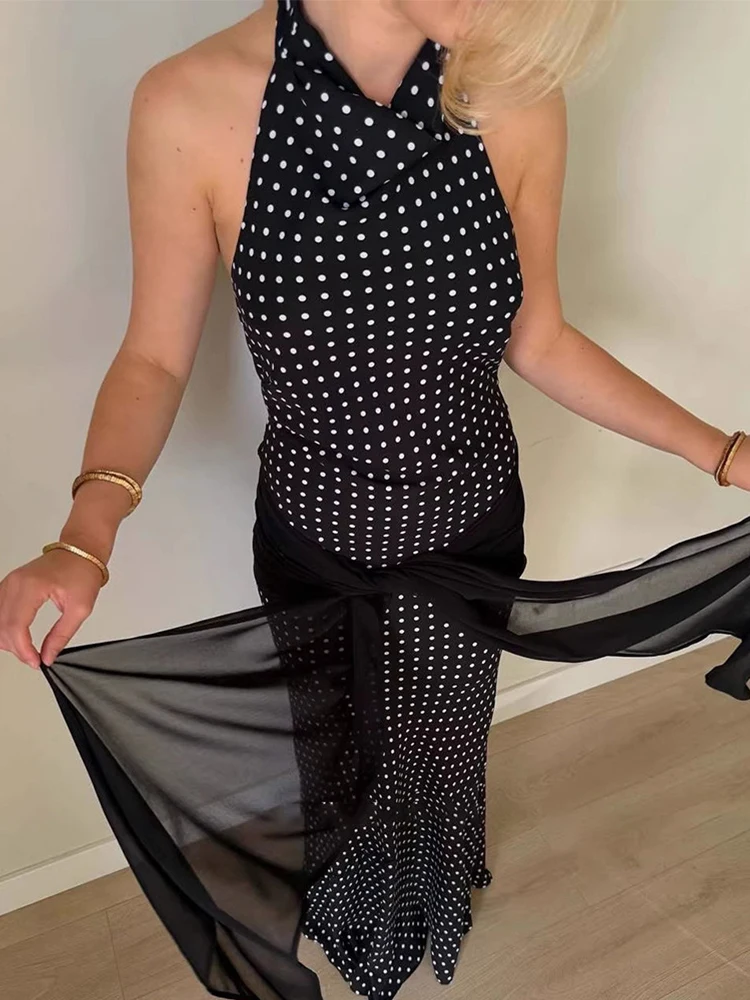 

2026 New Summer Women Sleeveless Backless Long Dress Vintage Vacation Party Evening Dress Elegant Polka Dot Ribbon Halter Dress