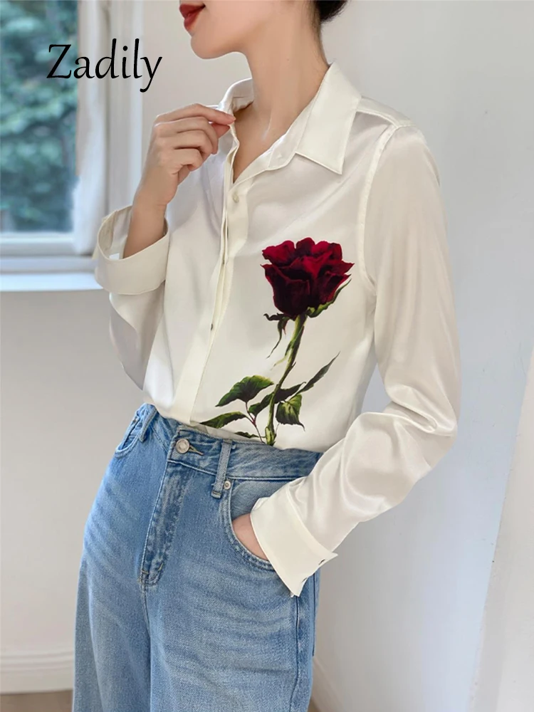 

Zadily 2023 Autumn Office Lady Long Sleeve Women Satin White Shirt Vintage Rose Print Button Up Work Blouse Female Clothing Tops