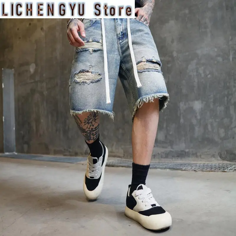 Men High Street Washed Distressed Denim Shorts - Ripped Destroyed Knee-Length Casual Grunge Style Summer Streetwear Shorts