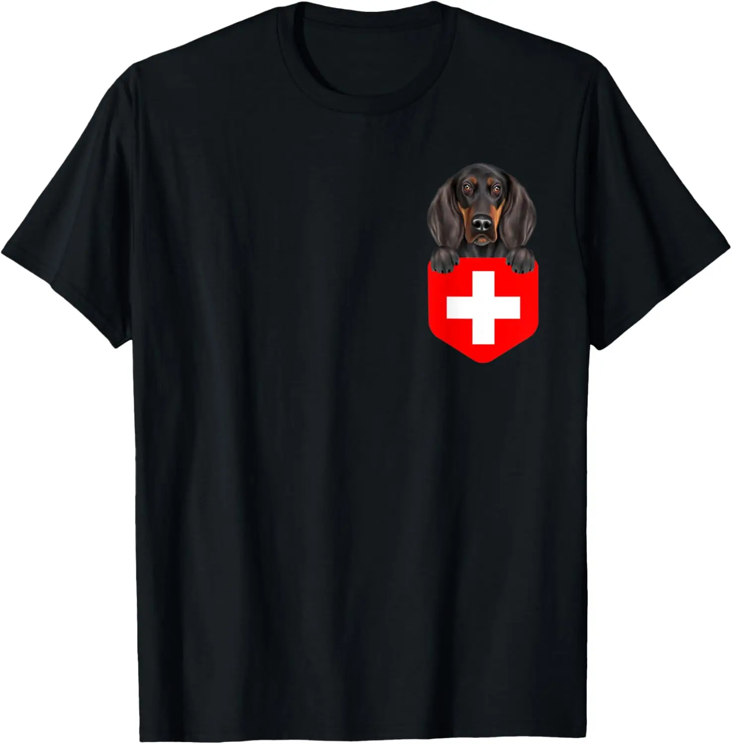 Switzerland Flag Black and Tan Coonhound Dog In Pocket T-Shirt