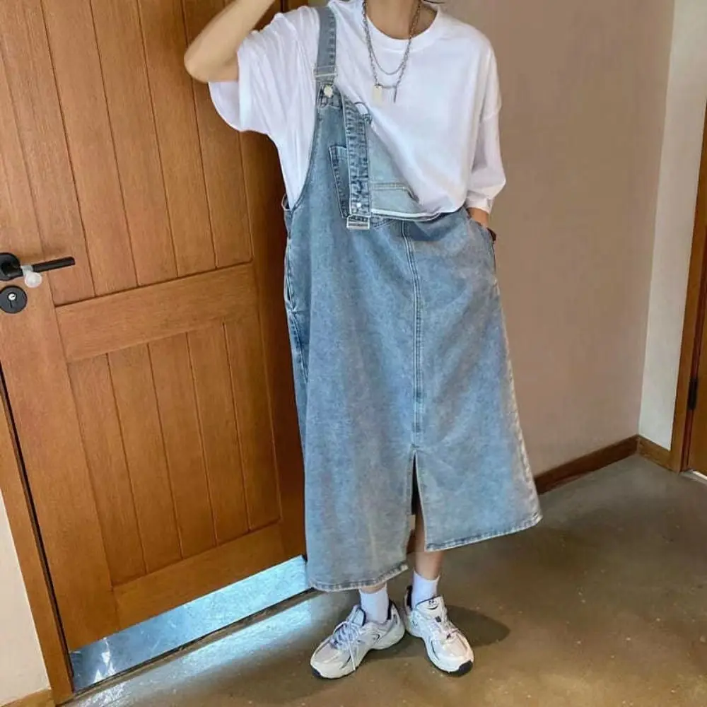 Vintage Preppy Style Sleeveless Jeans Dresses a-Line Loose Denim Overalls Skirt Pocket Solid Suspender Skirt Denim Summer