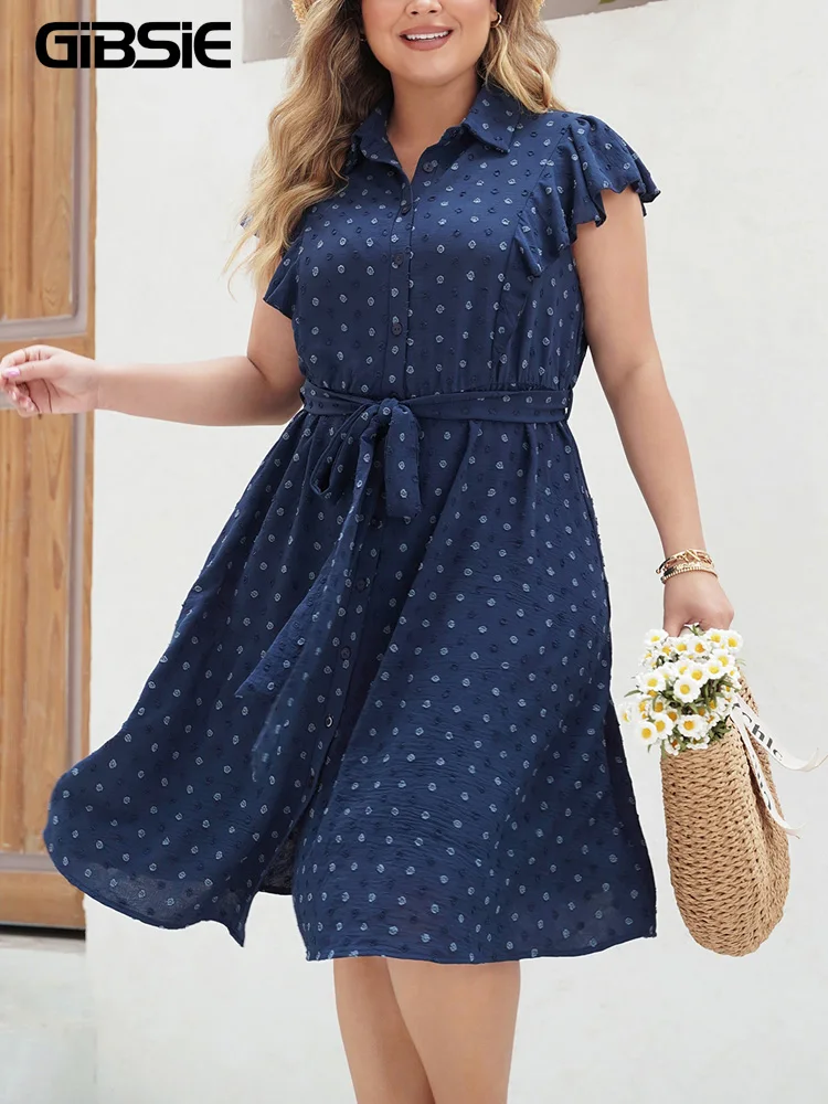 

GIBSIE Plus Size Swiss Dot Butterfly Sleeve Belted Shirt Dresses For Women Lapel Neck Casual Midi A-line Boho Summer Dress 2024