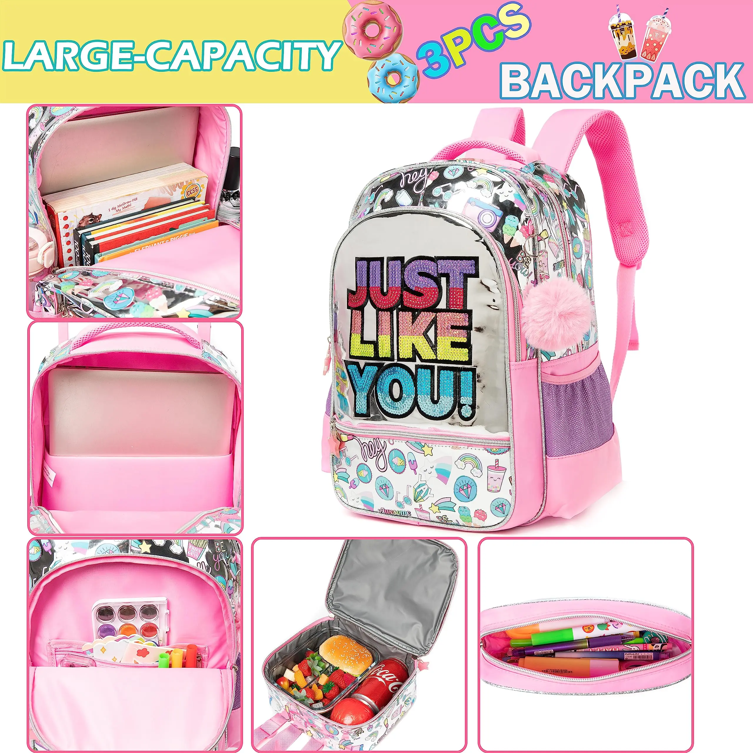 Kids School Bag for Girls Backpacks for Elementary Kindergarten Students Travel Bag with Lunch Box Pencil Case for Girls