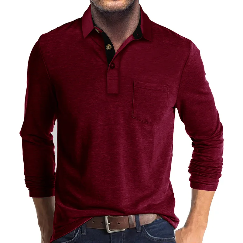 Polo de moda para hombre Camisa clásica de algodón de manga larga con botones cálidos y bolsillos