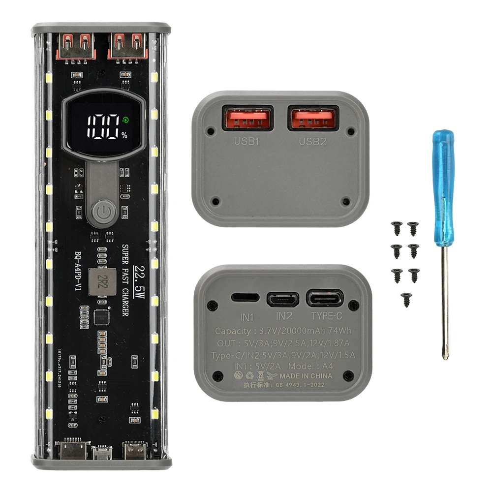 لتقوم بها بنفسك 4*21700 المزدوج USB قوة البنك مع تعديل سطوع الضوء وضع فلاش 22.5 واط PD شحن سريع صندوق تخزين البطارية