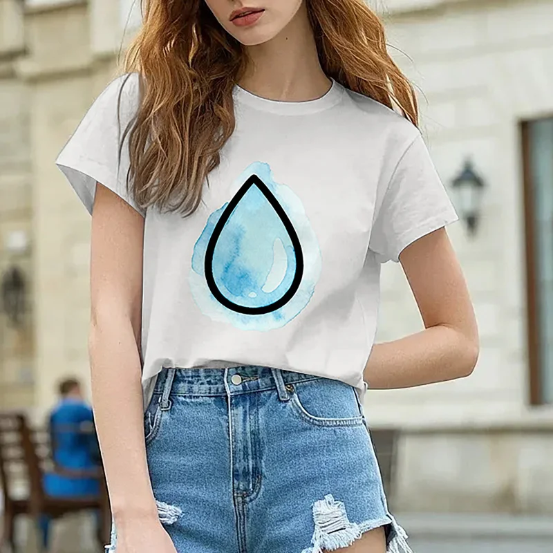 Damska koszulka z krótkim rękawem, okrągłym dekoltem i nadrukiem, prosty wzór, stylowa i elegancka, idealna na lato.