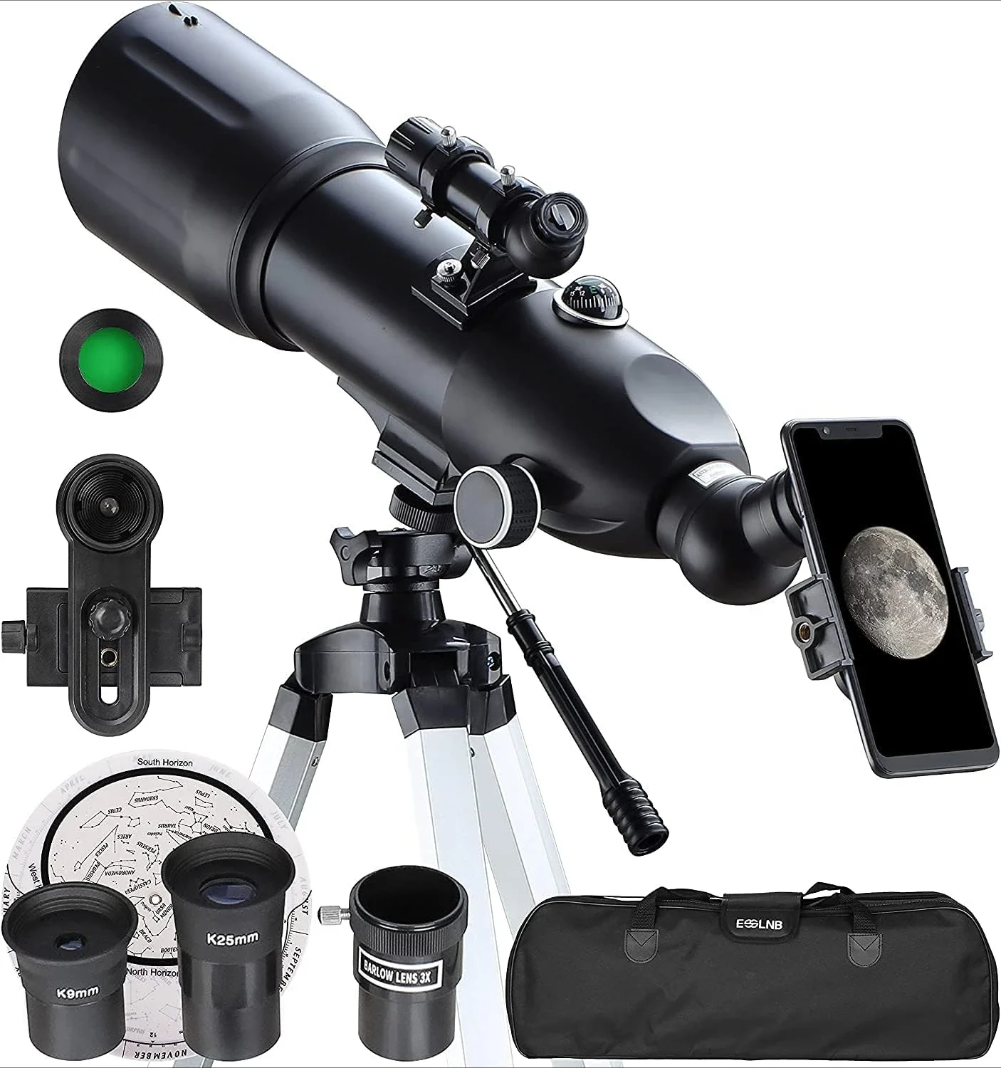 Telescopes for Adults Astronomy, 80mm Astronomical Travel Telescopes with Moon Filter, Erect Image