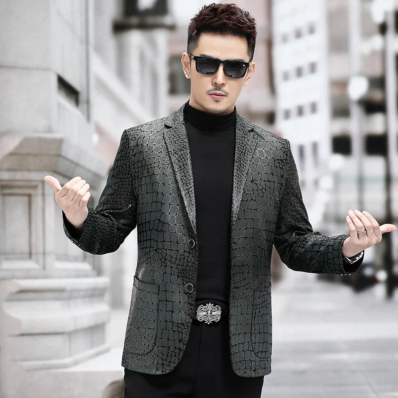 Spring and autumn high-end crocodile leather dark green jacket suit color matching business casual