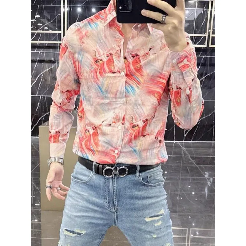 2024 Spring Autumn Printed Button Polo-Neck Shirts Versatile Fashion Casual Loose Simplicity Handsome Men's Long Sleeve Shirt