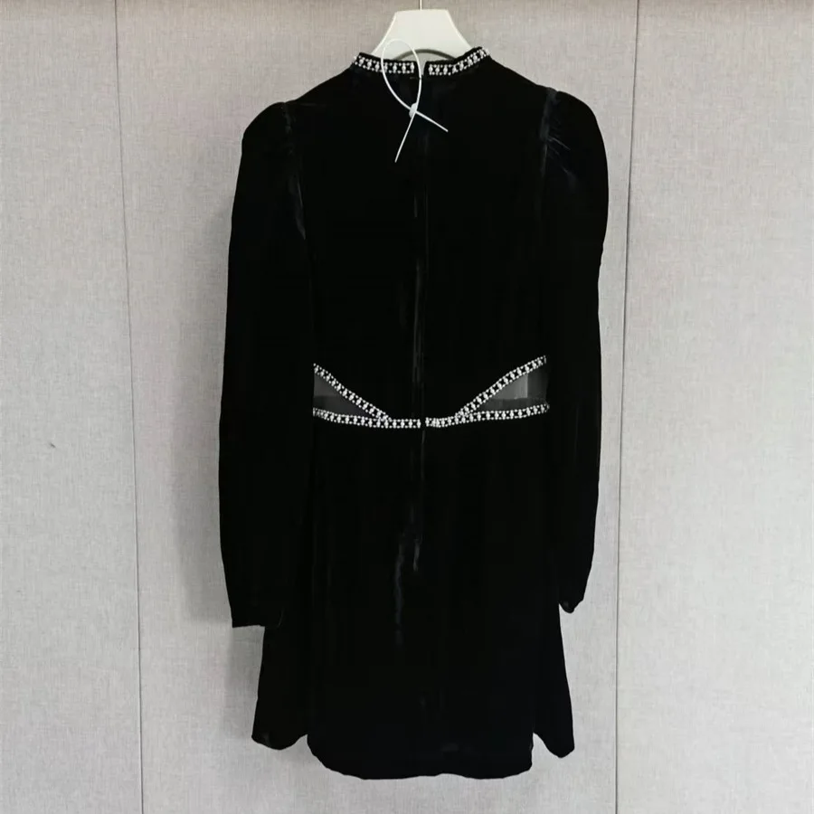 Petite robe noire élégante en velours Hepburn pour femmes, avec perles et strass, col rond, manches bouffantes, taille découpée, vêtements pour femmes