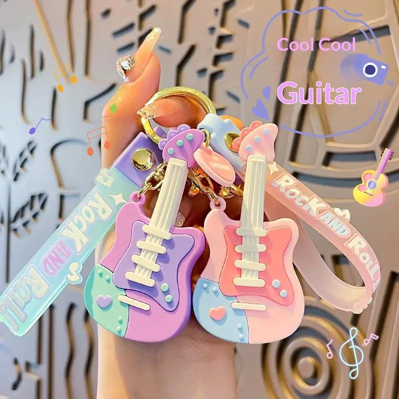 Niedlicher Cartoon-Gitarren-Schlüsselanhänger aus Silikon mit Handschlaufe, Pastell-Design für Taschendekoration, Geschenk für Musikliebhaber – Detail 1