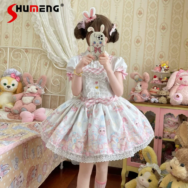 

Original Japanese Style Girl's Sweet Lolita Strap Dresses Jsk Vestidos Summer Cute Bow Lace Print Lo Dress Women's Y2k Dress