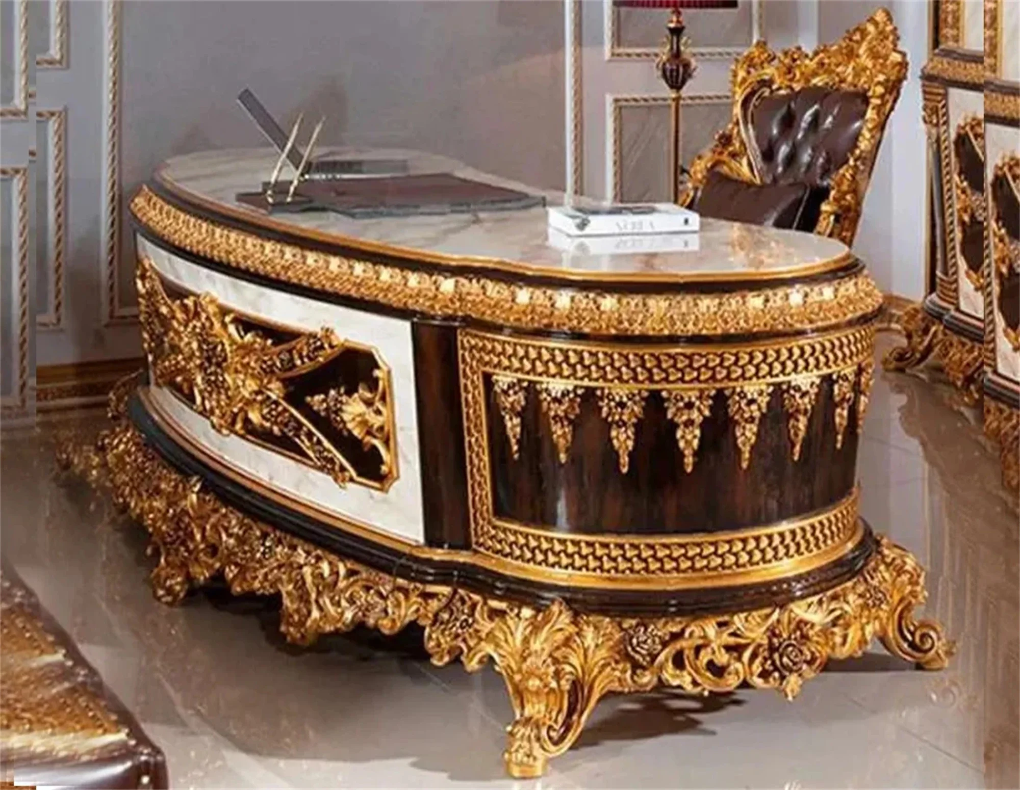 Antique style high quality wood carving style office furniture classic design antique wood gold carving desk