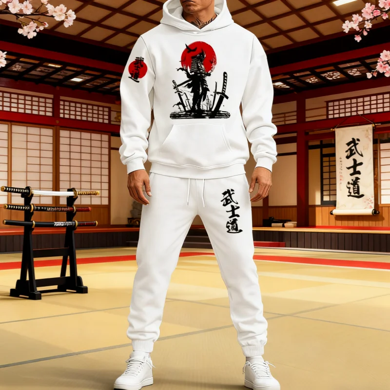 

2025 Men's Thermal 2-Piece Suit – Fleece Hoodie + Pants with Bushido Samurai Print, Fitness Running Casual Sportswear Set
