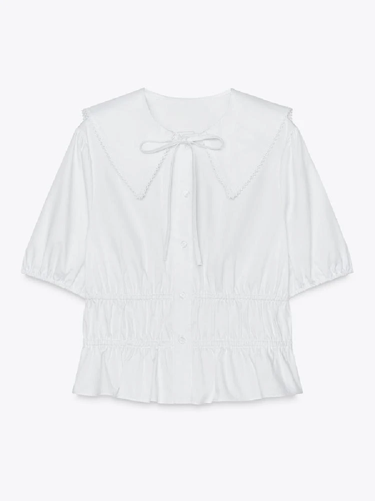 Nuevo diseño de verano para mujer, tela con cinturón y cuello con volantes, ort Sve, versátil, irt Commute Sle, corte ajustado, longitud Regular