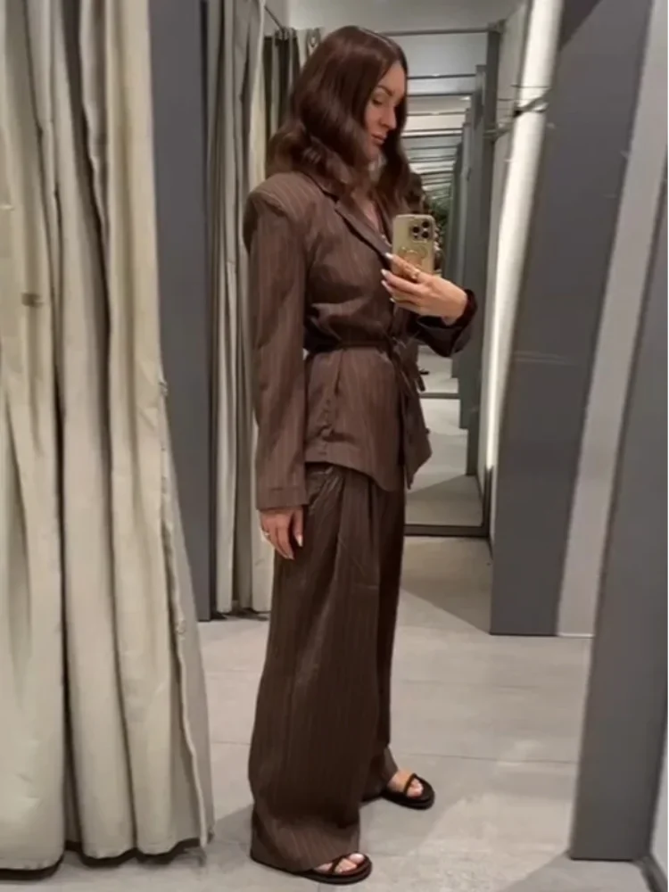 

Casual Chic V-neck Lace Up Stripes Blazer High End Wide Leg Pants 2 Piece Set Lady 2026 New Trendy Shoulder Pad Office Outfits ﻿