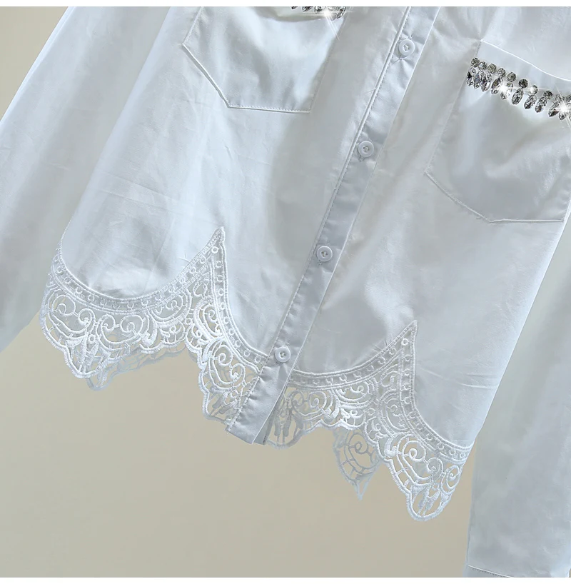 Heavy Industry Diamond-encrusted Shirt Ladies Hollow Lace Wavy Edge Splicing Blouse 2025 Spring Long-sleeved Top White Blusas