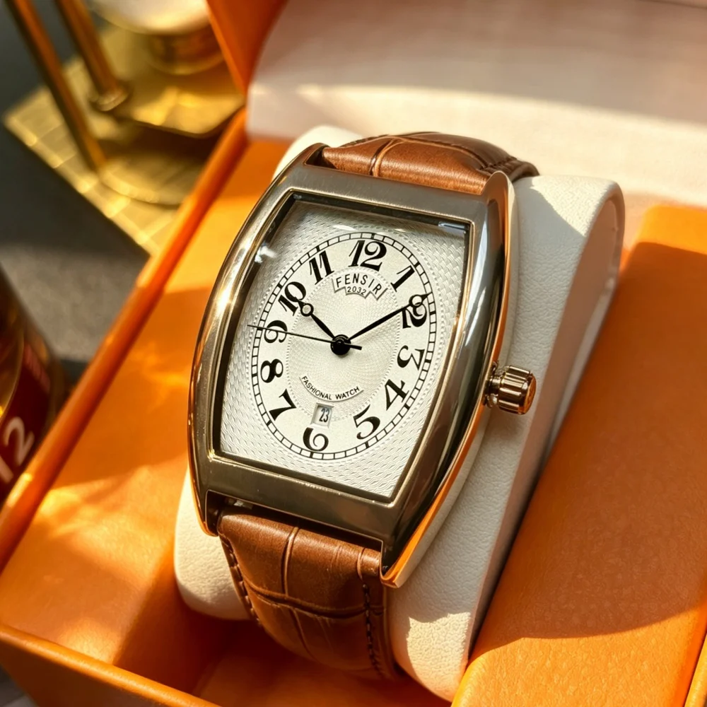 New Barrel-Shaped Watch for Men, Fashionable Calendar Casual Waterproof Watch for Male Students, Korean Style Simple Men's Quartz Watch