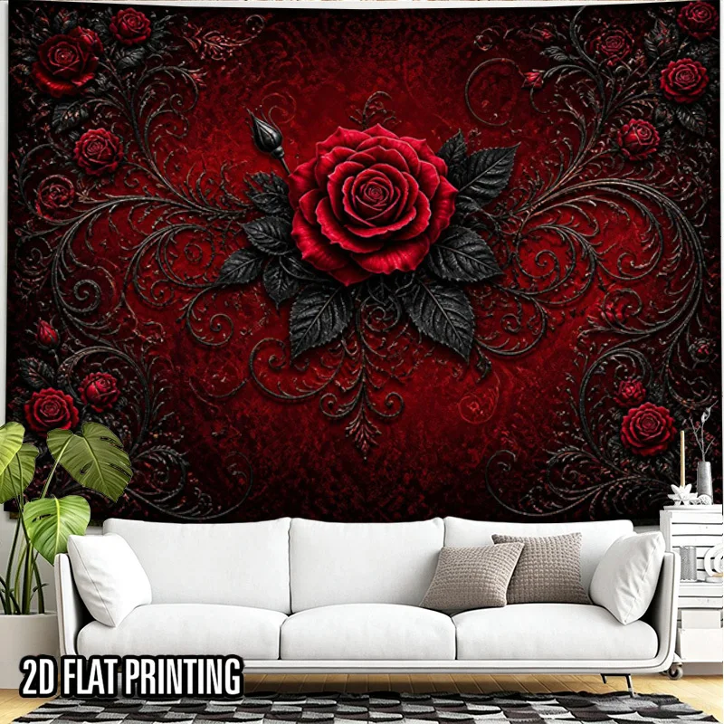 Dark Red Rose Wall Tapestry, Vintage Ornate Vines & Red Roses, Gothic Floral Pattern, Art Hanging for Living Room Wall Decor