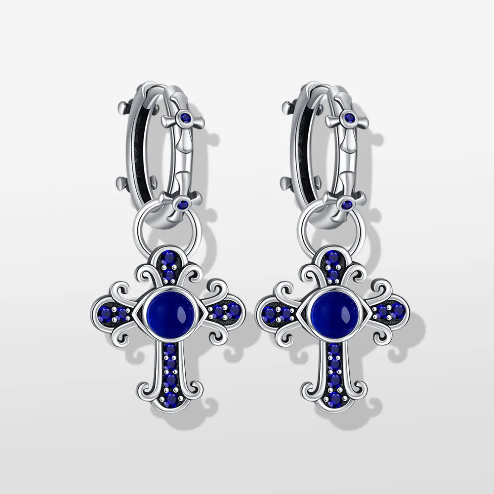 Neue 925er-Sterlingsilber-Kreuzohrringe mit blauem Zirkon, hypoallergene Ohrringe, ideal als Schmuck für den Alltag oder für ein Date, ein Geschenk für Frauen. – Detail 4