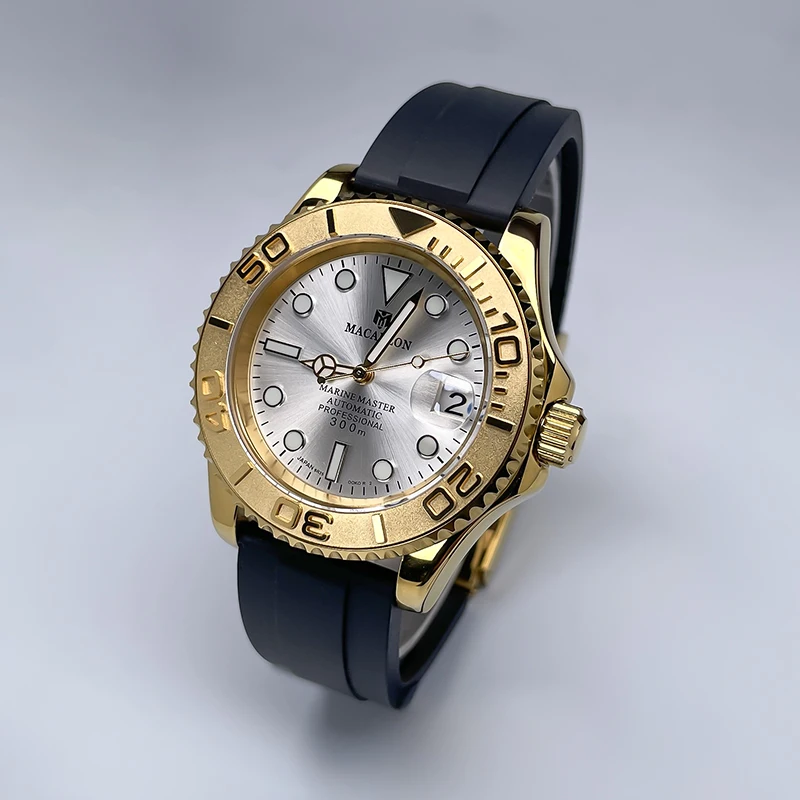 Macarlon NH35 40MM Full Gold YM Two-Way Rotating Bezel Rubber Strap Ceramic Bezel Men's Mechanical Wristwatch Sapphire For NH35