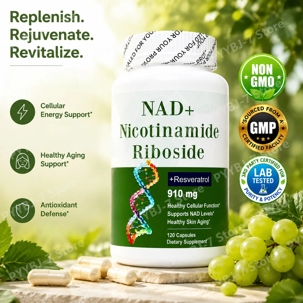 NAD+ Supplement 910mg Cellular Energy Support with Nicotinamide Riboside Resveratrol Quercetin Healthy Aging Support 120Capsules