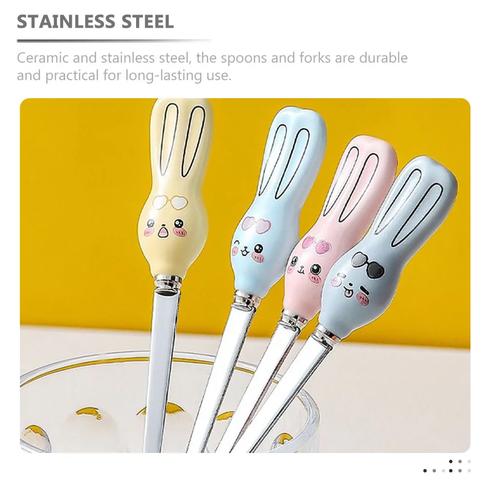 

1Set Cartoon Stainless Steel Spoon Fork Set Ceramic Handle Small Lightweight Toddler Eating Utensils Kids Lunch Travel Metal